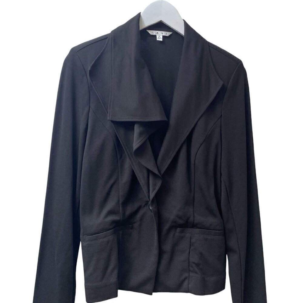 CABI Womens Jacket Size Medium Black Ponte Knit Waterfall Collar Blazer